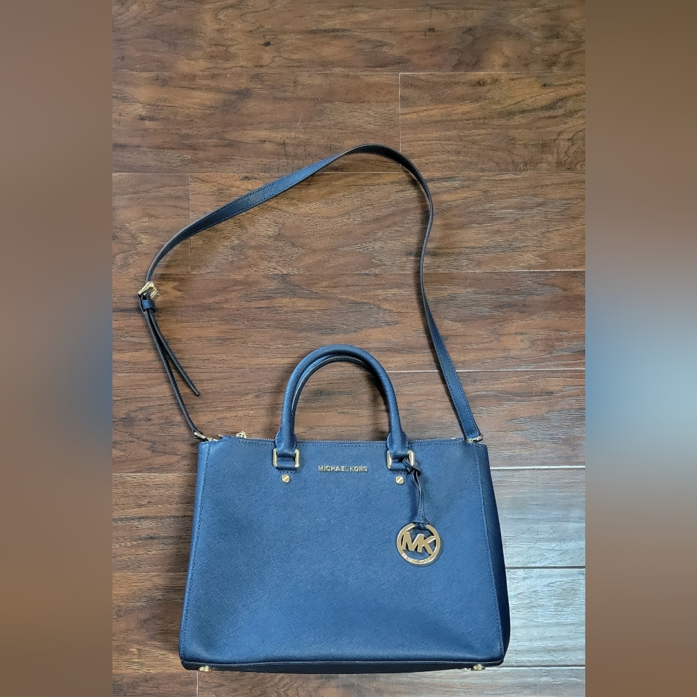 Michael Kors Large Sutton Navy Leather Satchel Crossbody Designer Purse Bag